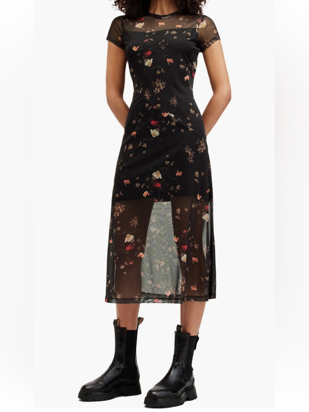 All Saints Hanna Kora Floral Print Short Sleeve Midi Dress